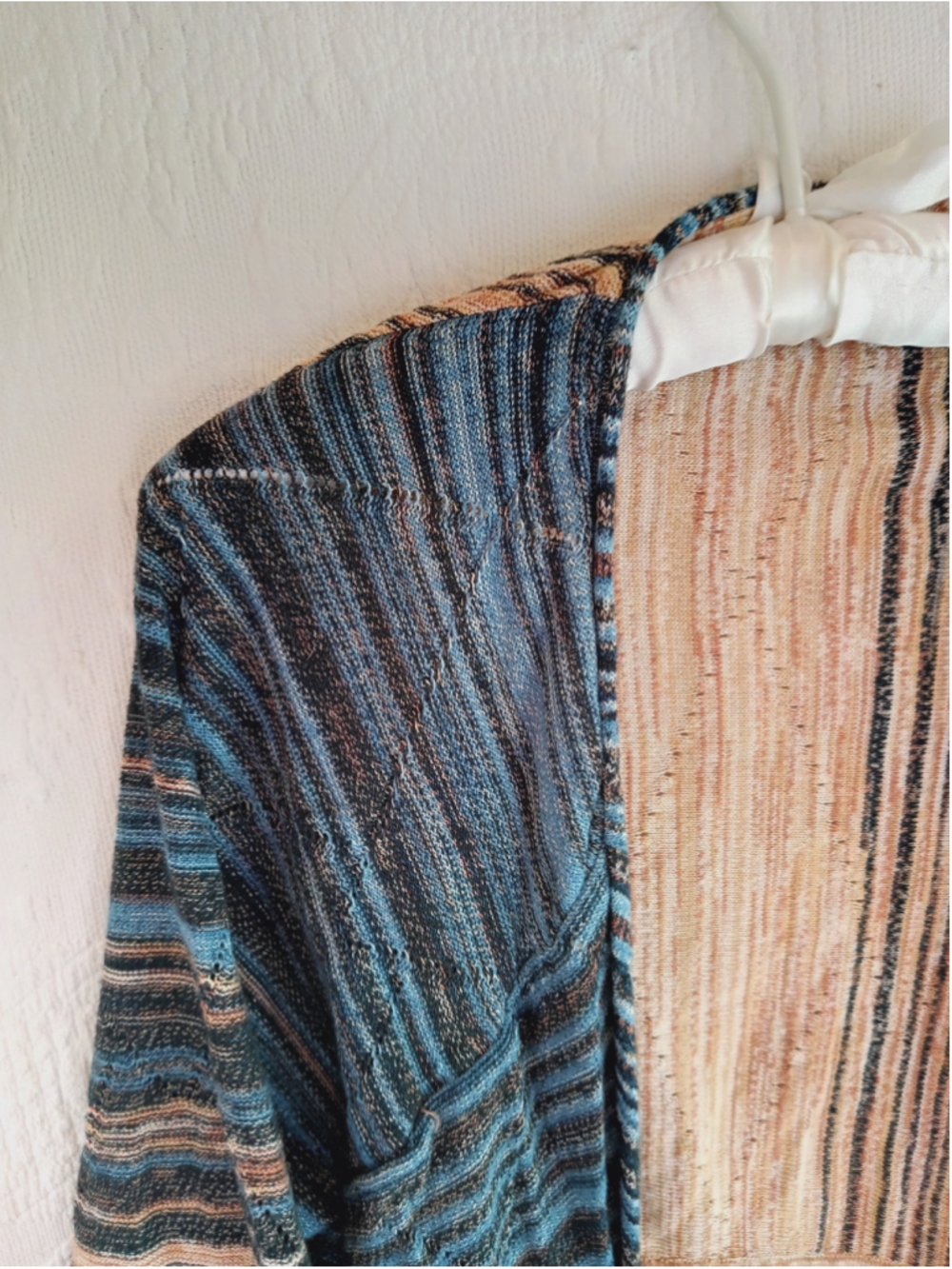 Pointelle Open Front waterfall Cardigan Beige Blue Striped knit sweater diamond - Picture 2 of 10